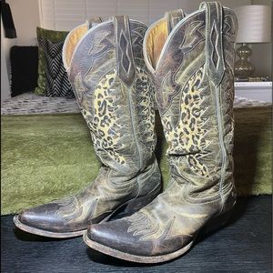 Johnny Ringo Snip-toe Cowboy Boots - Brown Flared / Leopard Print Design. W 8.5